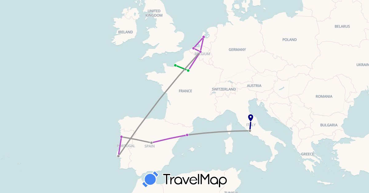 TravelMap itinerary: driving, bus, plane, train in Belgium, Spain, France, Italy, Netherlands, Portugal (Europe)
